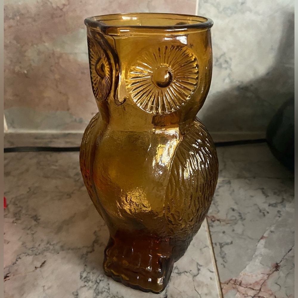 Vintage MCM Kanawha Style Glass Company Amber Glass Owl Pitcher 8 1/2" - Picture 2 of 5